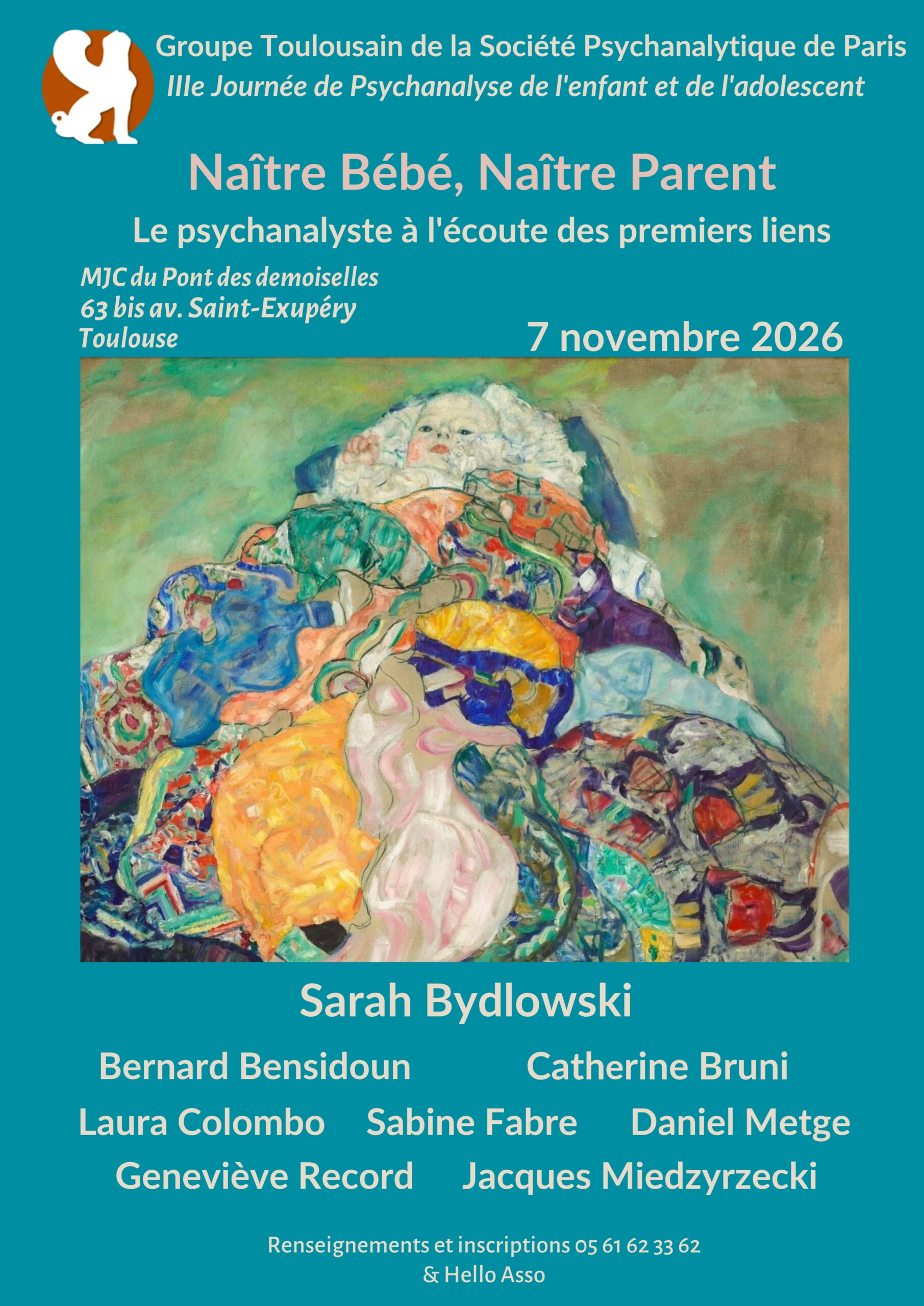 Affiche de la IIe Journée de Psychanalyse de l’enfant et de l’adolescent « Naître Bébé, Naître Parent », le 7 novembre 2026 à Toulouse.