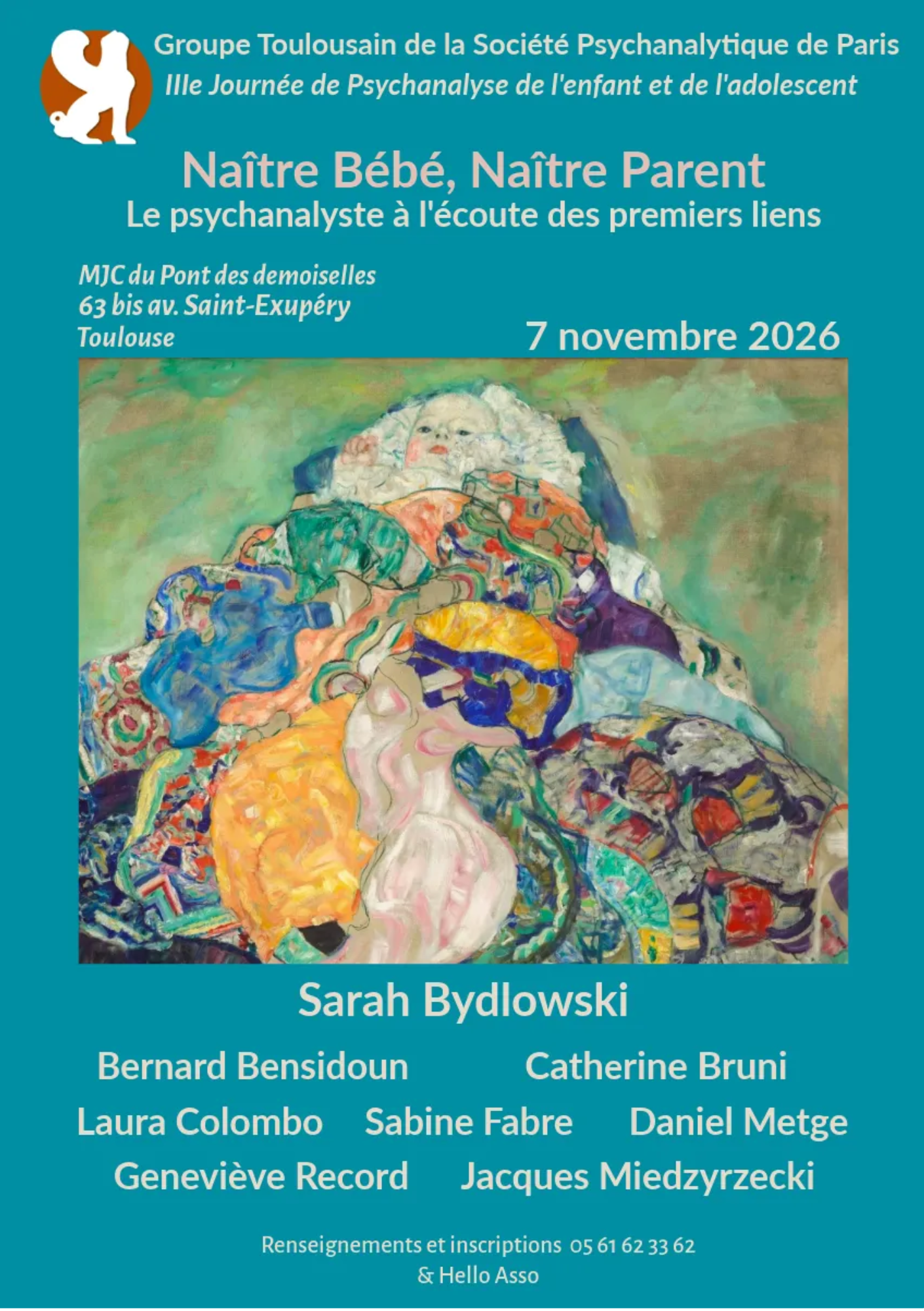 Affiche de la IIe Journée de Psychanalyse de l’enfant et de l’adolescent « Naître Bébé, Naître Parent », le 7 novembre 2026 à Toulouse.