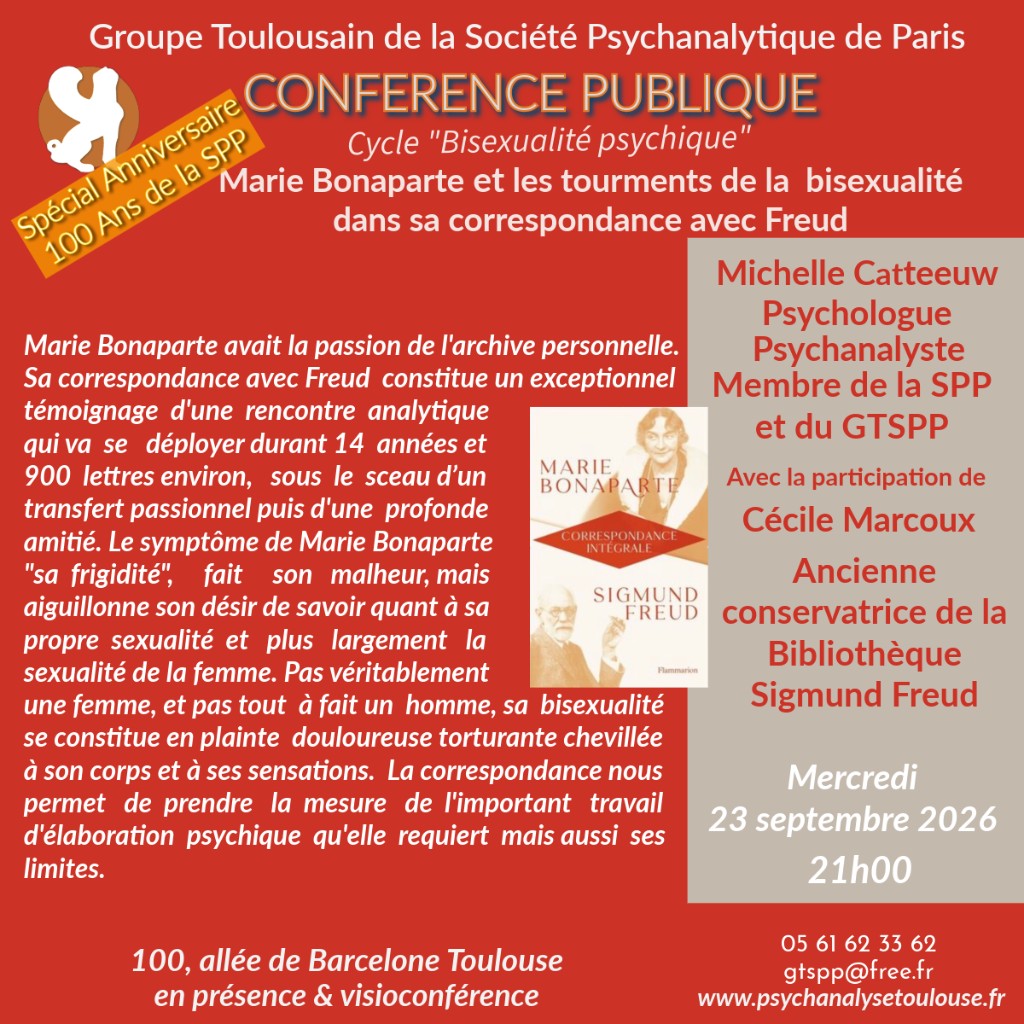 Affiche de la conférence publique du GTSPP « Marie Bonaparte et les tourments de la bisexualité dans sa correspondance avec Freud », le 23 septembre 2026 à Toulouse.